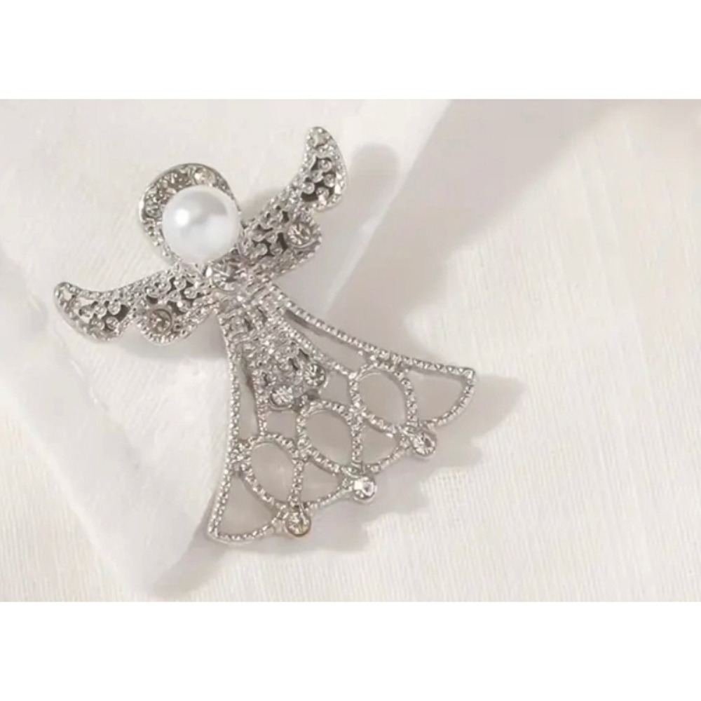 Rhinestone Pearl Angel Brooch Silver Tone Women Gift Lapel Pin